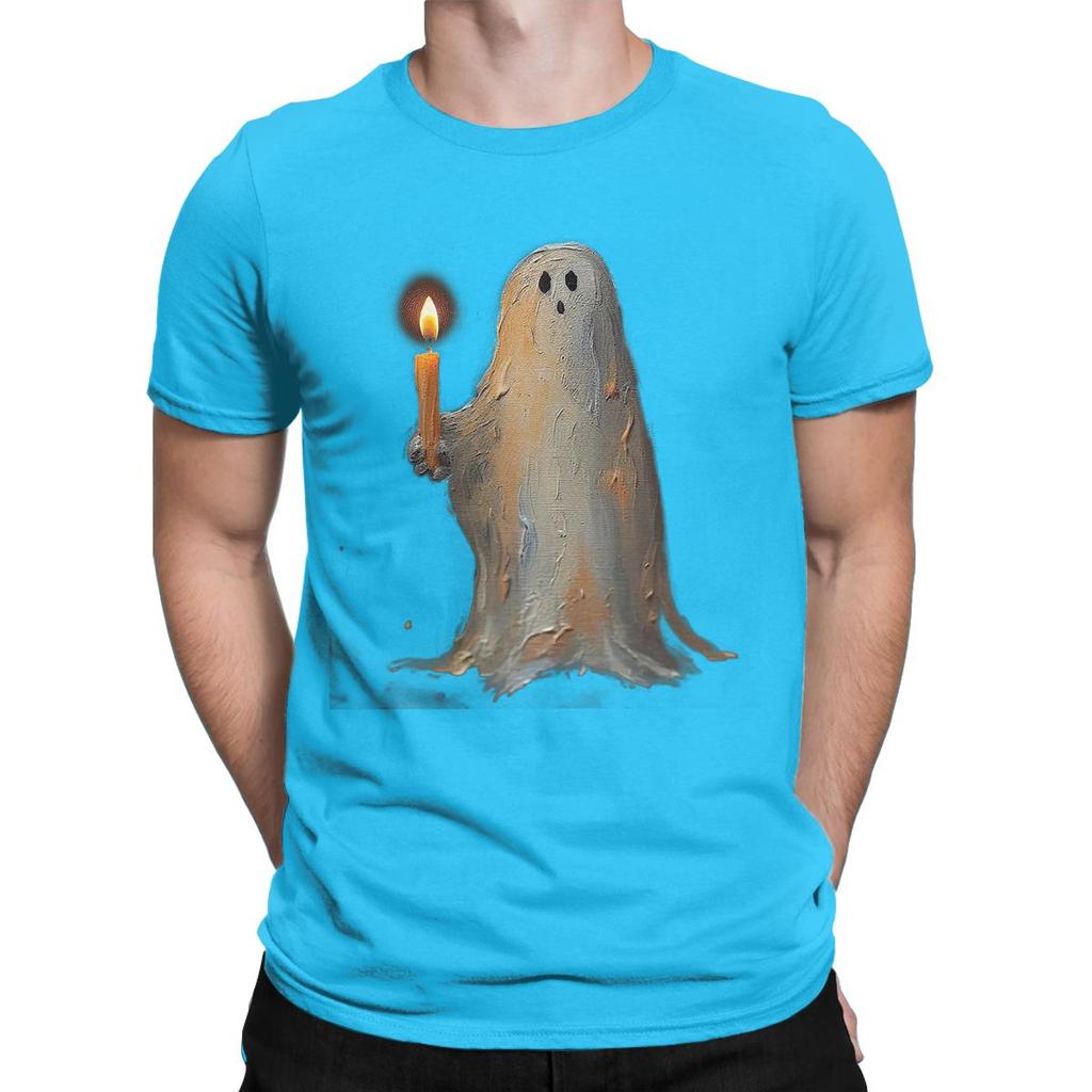 Ghost Holding A Cancle Halloween T Shirt for Unisex 100% Cotton Casual Round Neck Tee Shirt Short Sleeve Clothing Graphic Printed