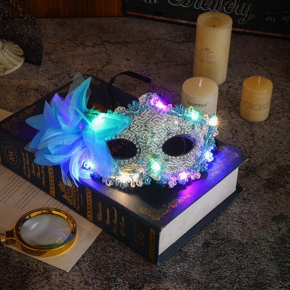 Plastic Feather Flower Mask Lace Venice Masquerade Mask Princess LED Glowing Mask Carnival