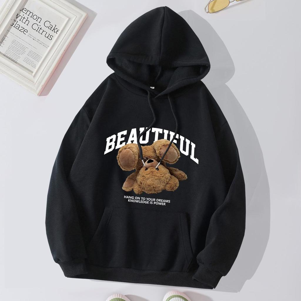 Women's Fleece-Lined Hoodie - Thick, Printed, Loose Pullover for Spring and Autumn