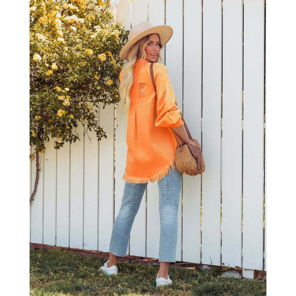 Lapel Long Sleeve Vintage Street Ripped Raw Edge Denim Jacket Women's