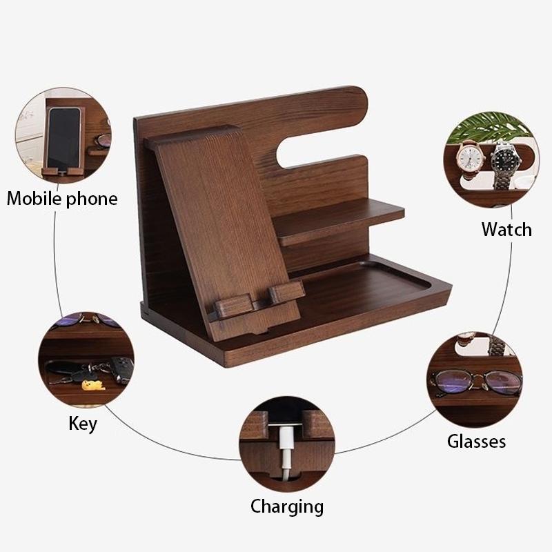 Wooden Bedside Phone Organizier Watches Jewelry Glasses Holder Wallet Stand Multifunction Desk Display Storage Racks