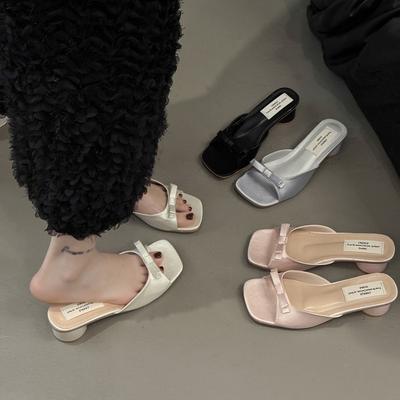 Женские тапочки новые розовые французские сандалии на толстом каблуке с квадратным носком и бантом, с открытым носком, на высоком каблуке, лето 2025