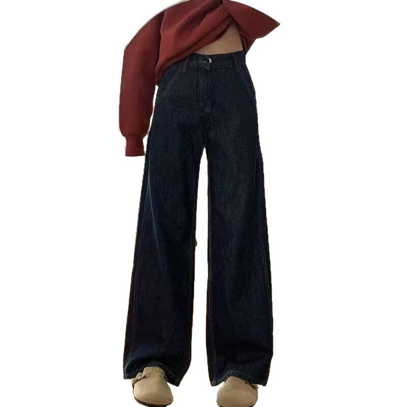 Ретро Джинсы Плюс Сайз Темно-синие Широкие для Женщин - Осень/Зима Драпированные Брюки-швабры