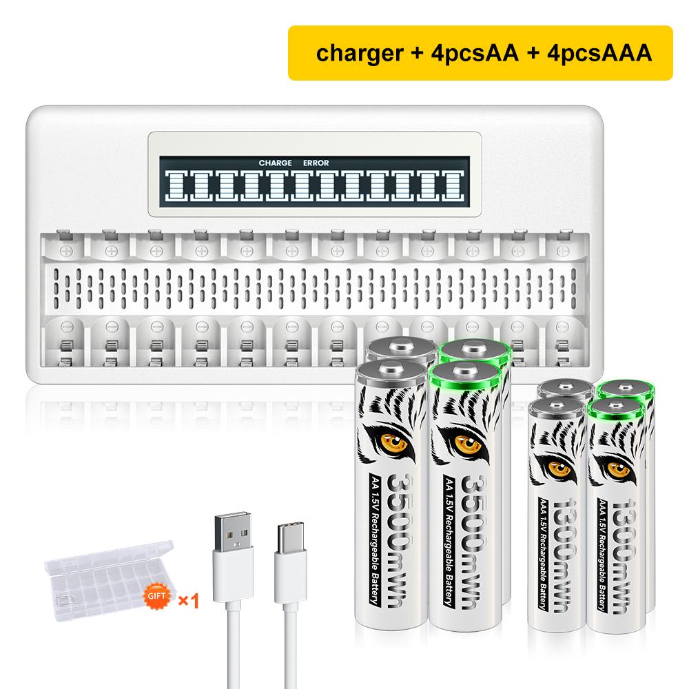 PALO 4-40 Pcs Rechargeable AA+AAA 1.5V Li-ion Batteries 3500+1300 mWh HR6 HR03 Battery with 12 Slots LCD USB 1.5V Li-ion Battery Charger