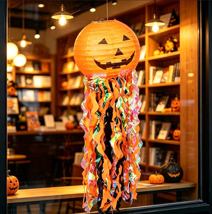 Halloween paper lantern handmade jellyfish pumpkin head ornaments horror haunted house door hanging decorative props Orange