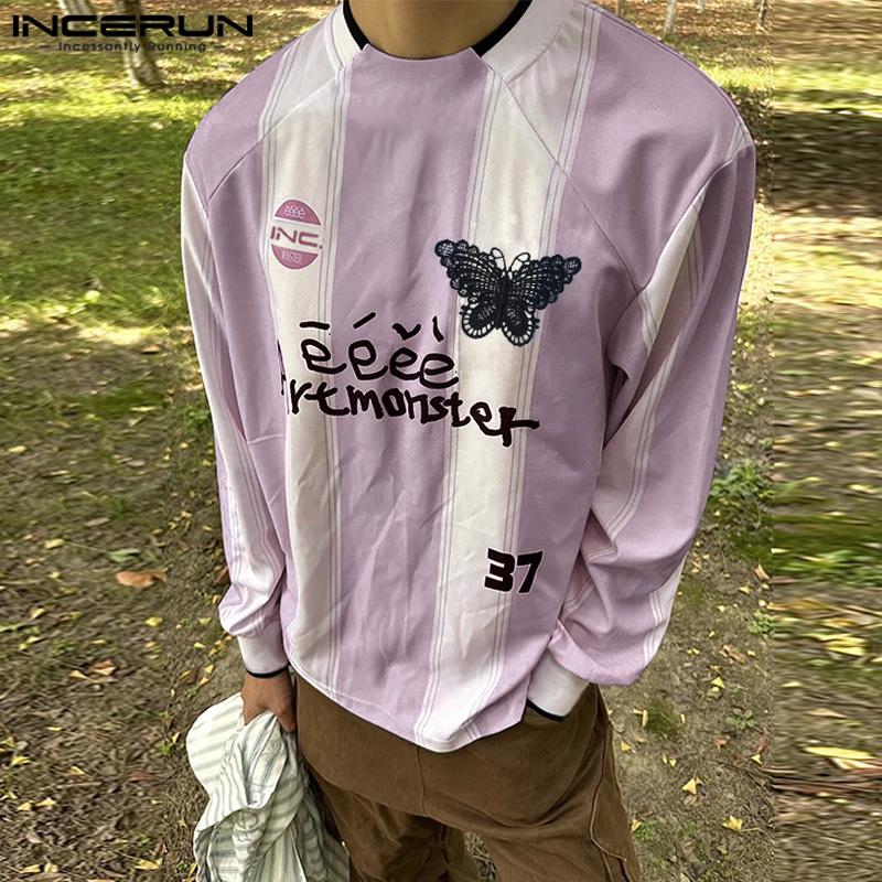 INCERUN Мужские футболки с круглым вырезом и длинным рукавом с буквенным принтом, повседневные полосатые топы