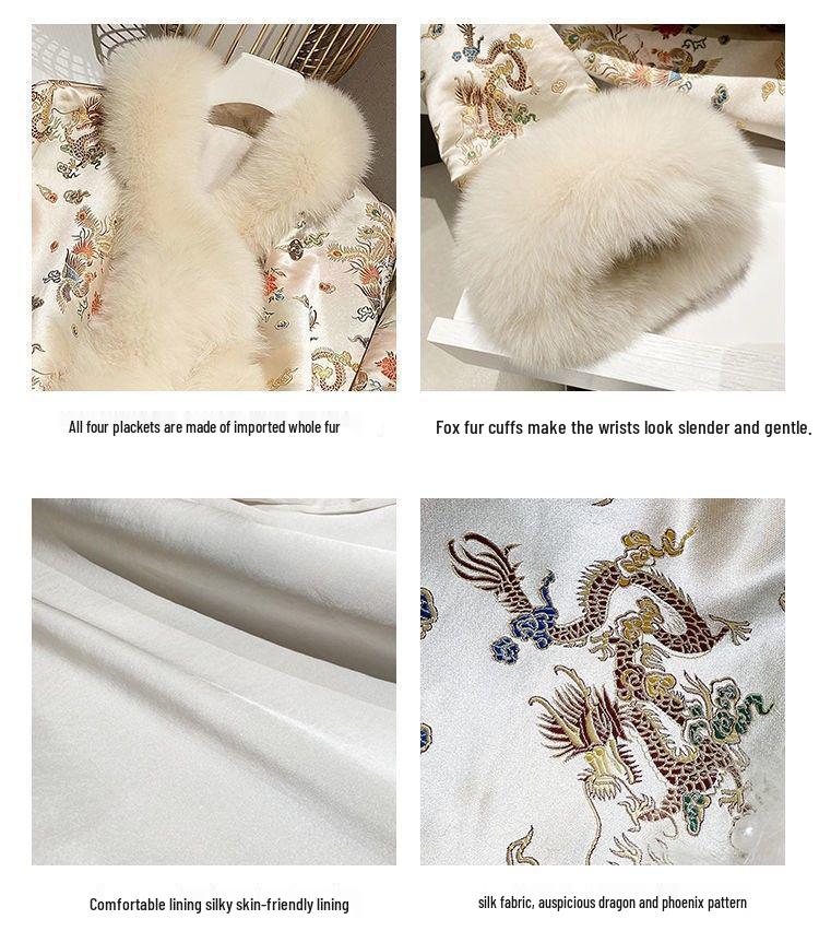 Зимнее пальто из искусственного меха в китайском стиле 2025 года: Женский атласный плащ Тан с бисером средней длины