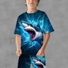2pcs Boys Casual Shark And Lightning 3D Graphic Print Short Sleeve T-shirt & Shorts Set, Comfy Summer Kids Clothes