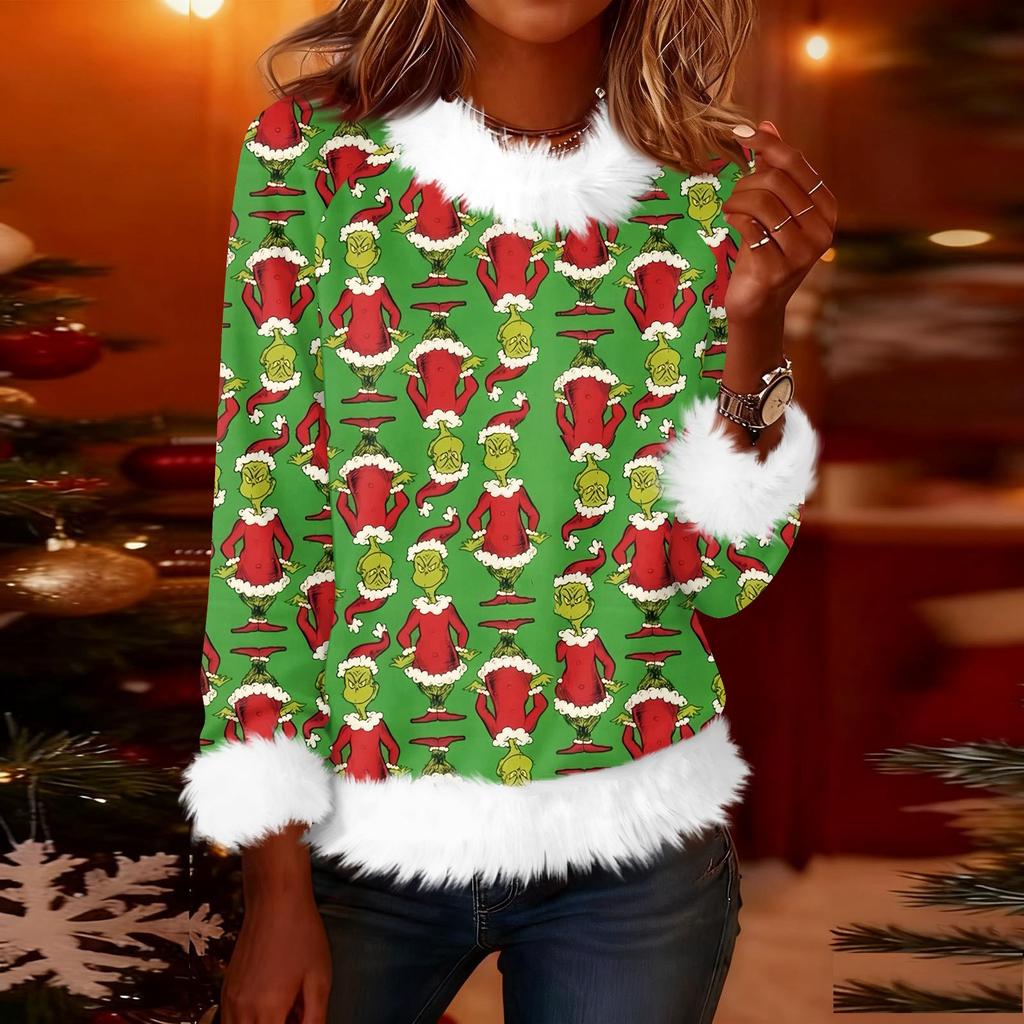Женская модная рождественская футболка с принтом, круглым вырезом и длинными рукавами, повседневный пуловер