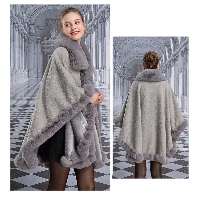 Большая маятниковая шаль из пашмины, женская шаль из искусственного кроличьего меха с воротником из зернистого бархата, уличная одежда, зимнее толстое теплое свободное пончо, накидка