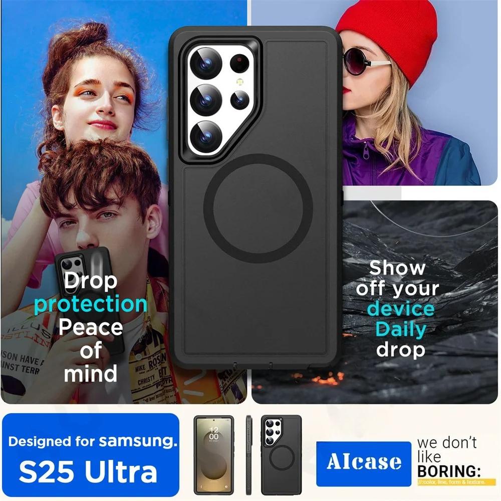 Прочный матовый противоскользящий силиконовый + ПК чехол для Samsung Galaxy S26+ S25 S24 Plus S23 S22 Ultra с магнитной поддержкой беспроводной зарядки