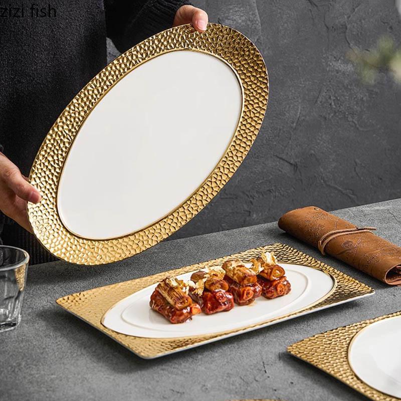 Gold-plated Wood Grain Ceramic Dinner Plate Dessert Plate Sushi Plate Snack Plates Molecular Cuisine Specialty Tableware