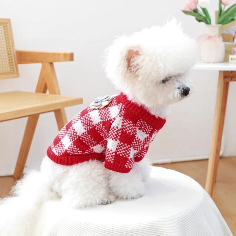 1PC Red and White Plaid with Flower Sweater Pet Clothes Dog Cat Autumn Thickened Warm Jumper