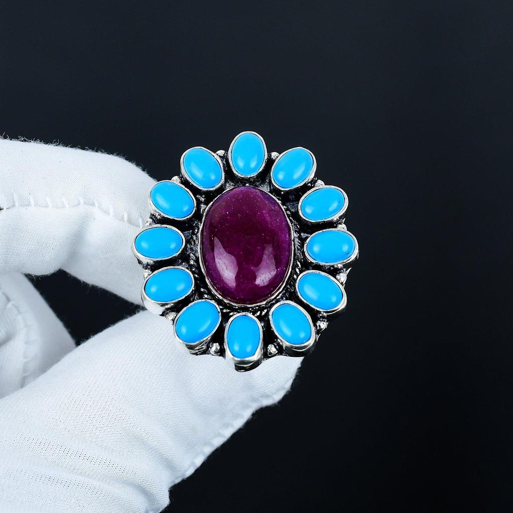 Кольцо с рубином и спящим камнем бирюзы, кольцо из стерлингового серебра 925 пробы, подарок для нее, овальный камень, элегантное кольцо ручной работы, серебряное кольцо с цветком, подарок для жены