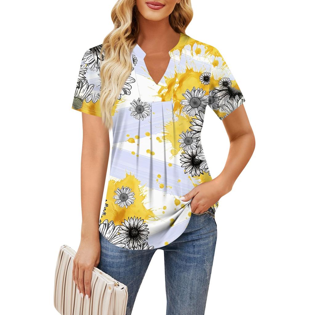 Women's Short Sleeve Casual V-neck Chest Pleated Printed Loose T-shirt Top