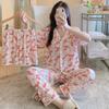 Short-Sleeved Pajamas Three-Piece Korean Version Of Sweet And Cute Cardigan Women'S Loungewear