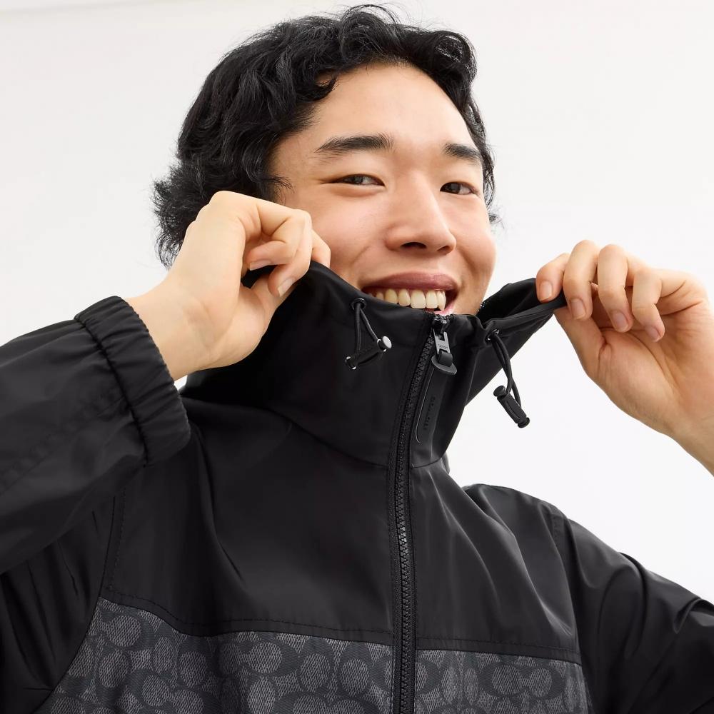 Coach Signature Full Zip WIndbreaker In Recycled Polyester Charcoal Signature