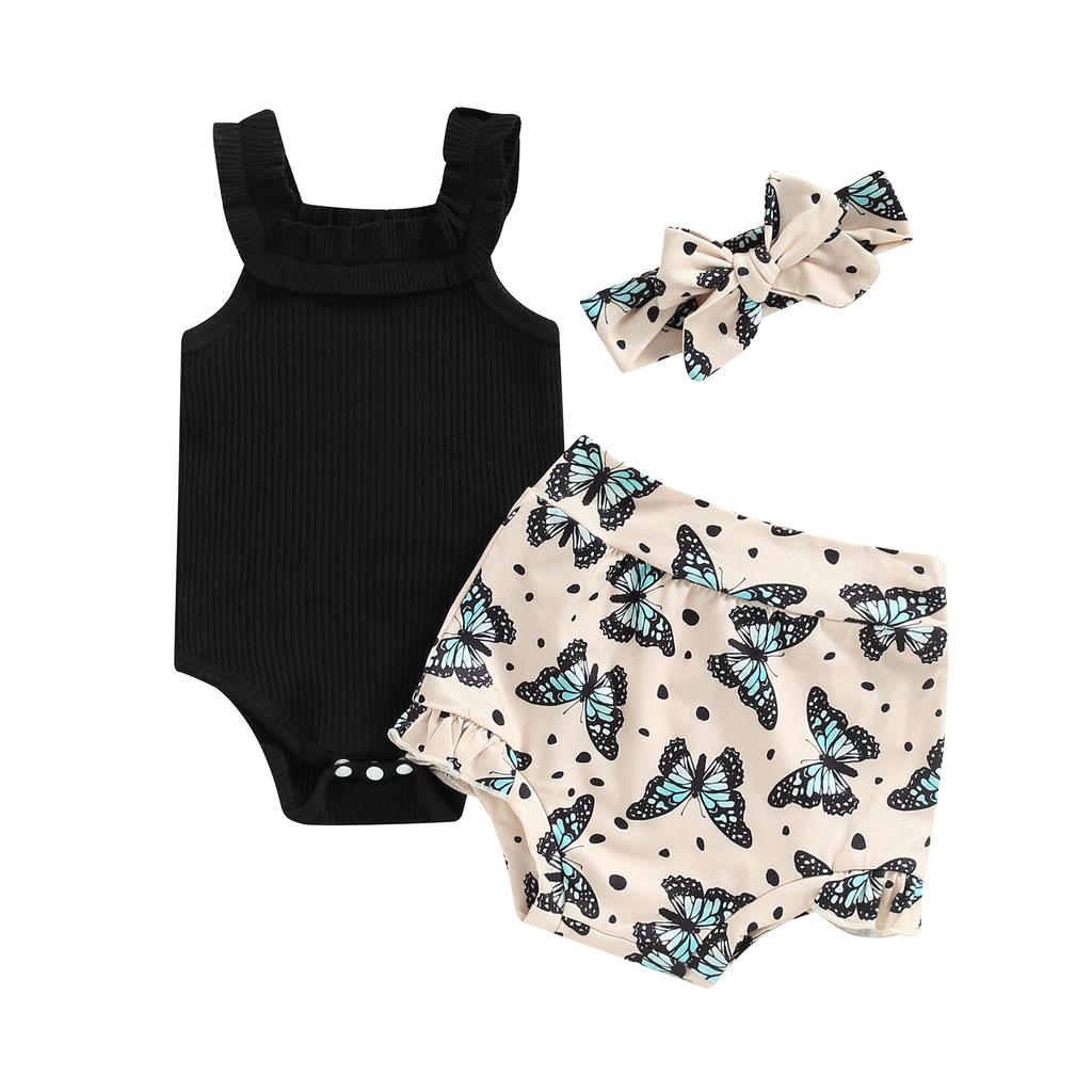 Комплект с шортами для маленьких девочек, комбинезон без рукавов + шорты с принтом цветов/радуги/бабочек + повязка на голову