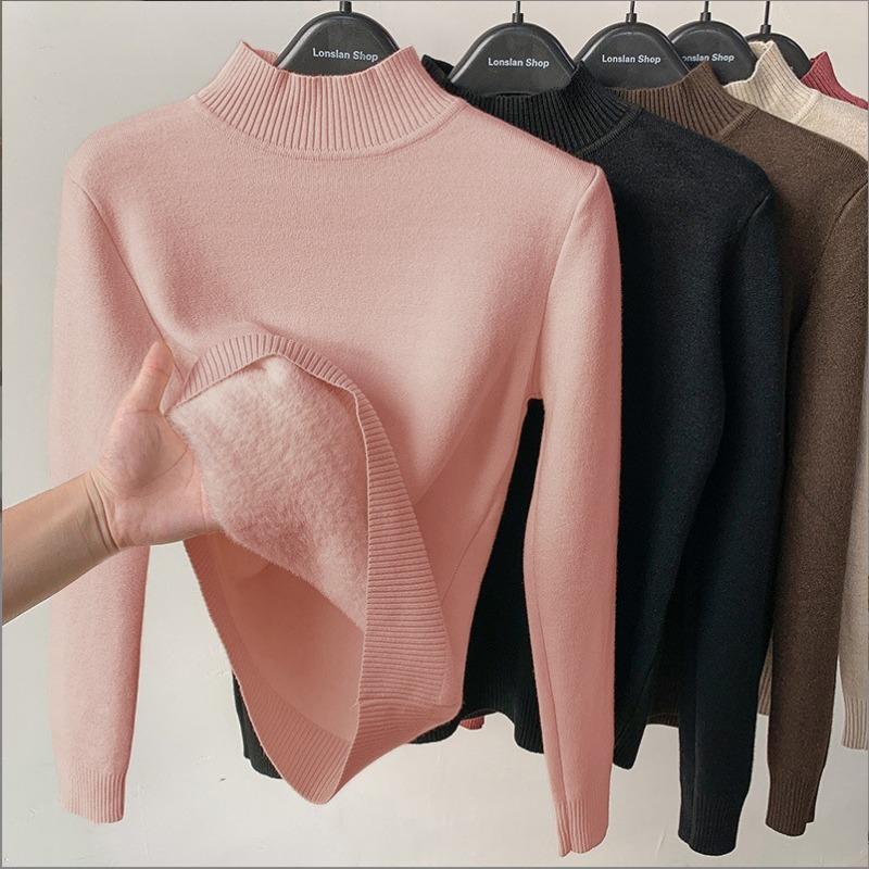 Осень/зима Утолщенный пуловер с полувысоким воротником Женский свитер Модный свободный с длинным рукавом Повседневная базовая рубашка Однотонный элегантный топ для офисных леди