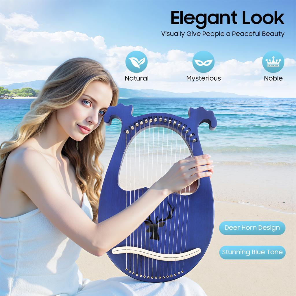 Синяя 16-струнная лира-арфа из цельного махагони, дизайн в виде рогов, портативный музыкальный инструмент для взрослых, начинающих, детей, подарок, для практики, для путешествий
