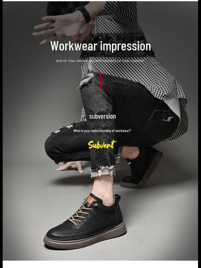 Мужские кроссовки из коровьей кожи на толстой подошве: Увеличивающие рост, британские повседневные кожаные туфли большого размера с низким верхом в тренде