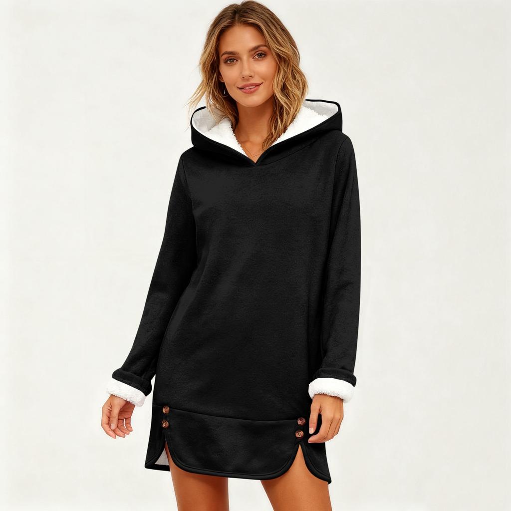 Women's Fashionable Solid Color Hooded Long Sleeved Plush Versatile Warm Bottom Shirt Top