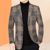Men Suit Coat Lapel Long Sleeve Plaid Pattern Two Buttons Closure Suit Jacket with Pockets Slim Fit Business Outwear