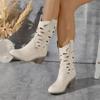 2024 Women's Summer Retro Round Toe Chunky Heels Vegan Suede Western Boots with Hollow Design and Rivets Cowboy Boots Shoes