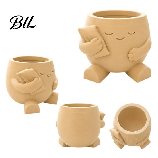 Indoor Gardening Accessory 3D Printed Cute Character Succulent Planter, Sleepy Face Flower Pot with Office Desk Storage Organizer Pillow, Mini Desktop
