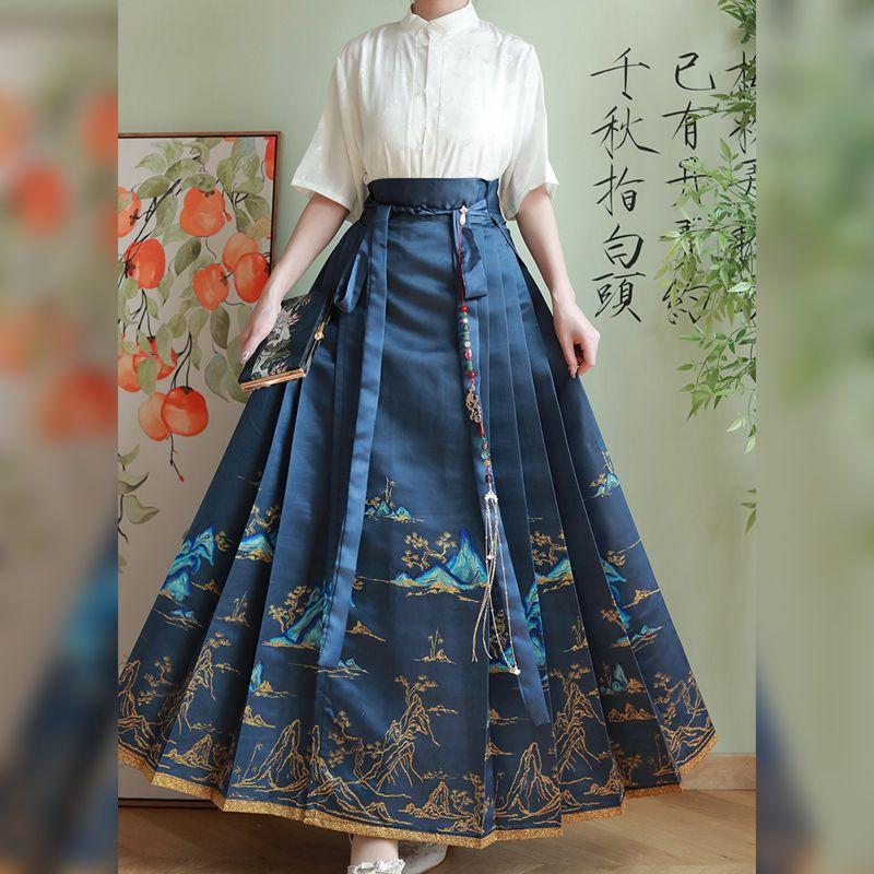 Женская рубашка ханьфу в китайском стиле династии Мин с воротником-стойкой, современный повседневный костюм с юбкой в виде лошадиной морды