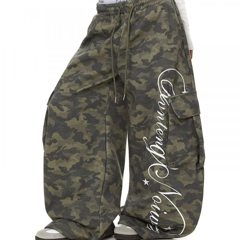 Womens Camo Cargo Pants High Waist Wide Leg Streetwear Hip Hop Dance Trousers Kpop Sweet Cool Style