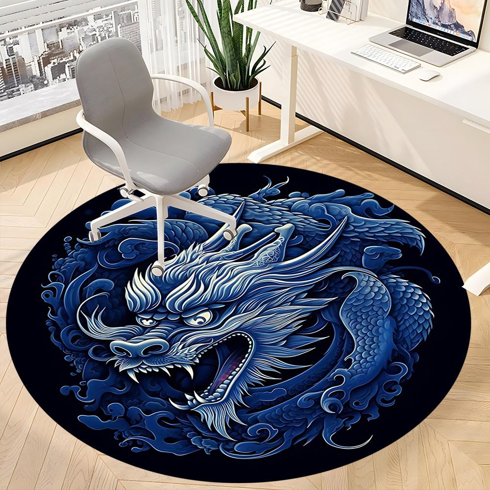 1pc Blue Dragon Design Chair Carpet for Office, Round Non Slip Durable Large Size Office Carpet, Suitable for Office