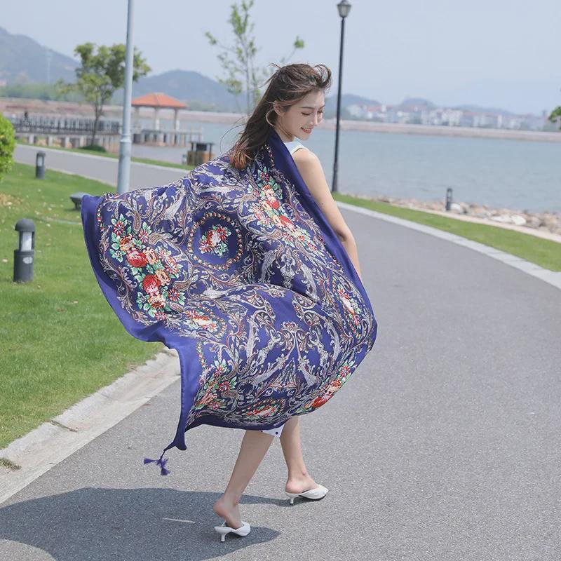 Seaside Travel Cotton & Linen Scarf: Silk Print, Sunscreen Shawl