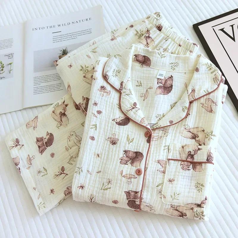 Новый женский пижамный комплект весна-осень 100% креп длинные рукава брюки отложной воротник принтованный кардиган домашняя одежда