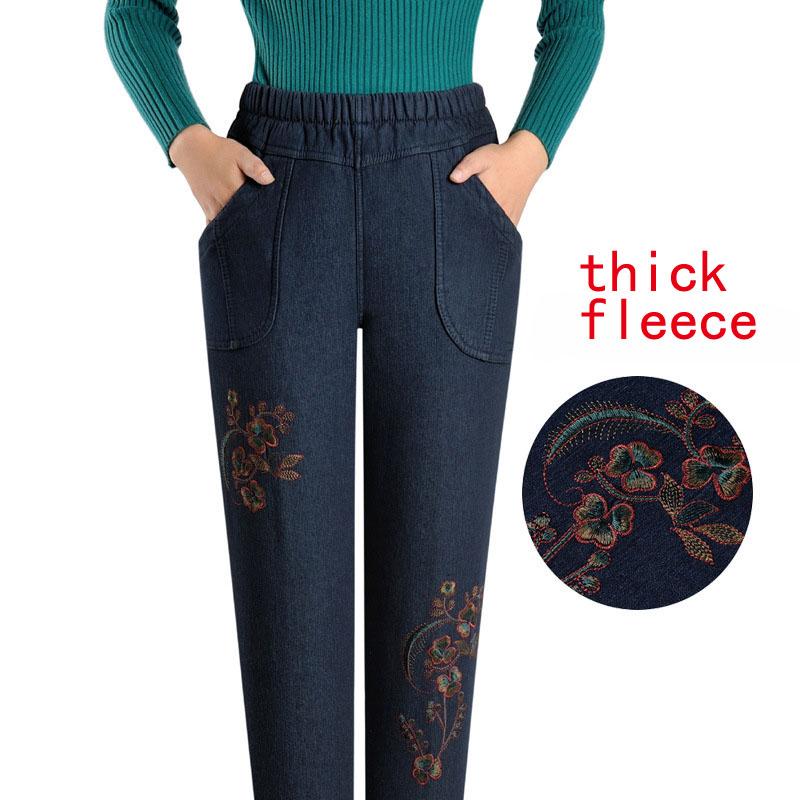 Женская зимняя и осенняя одежда среднего возраста плюс флисовые джинсы Женская свободная одежда с высокой талией для мам Бабушкиная одежда Женские брюки больших размеров