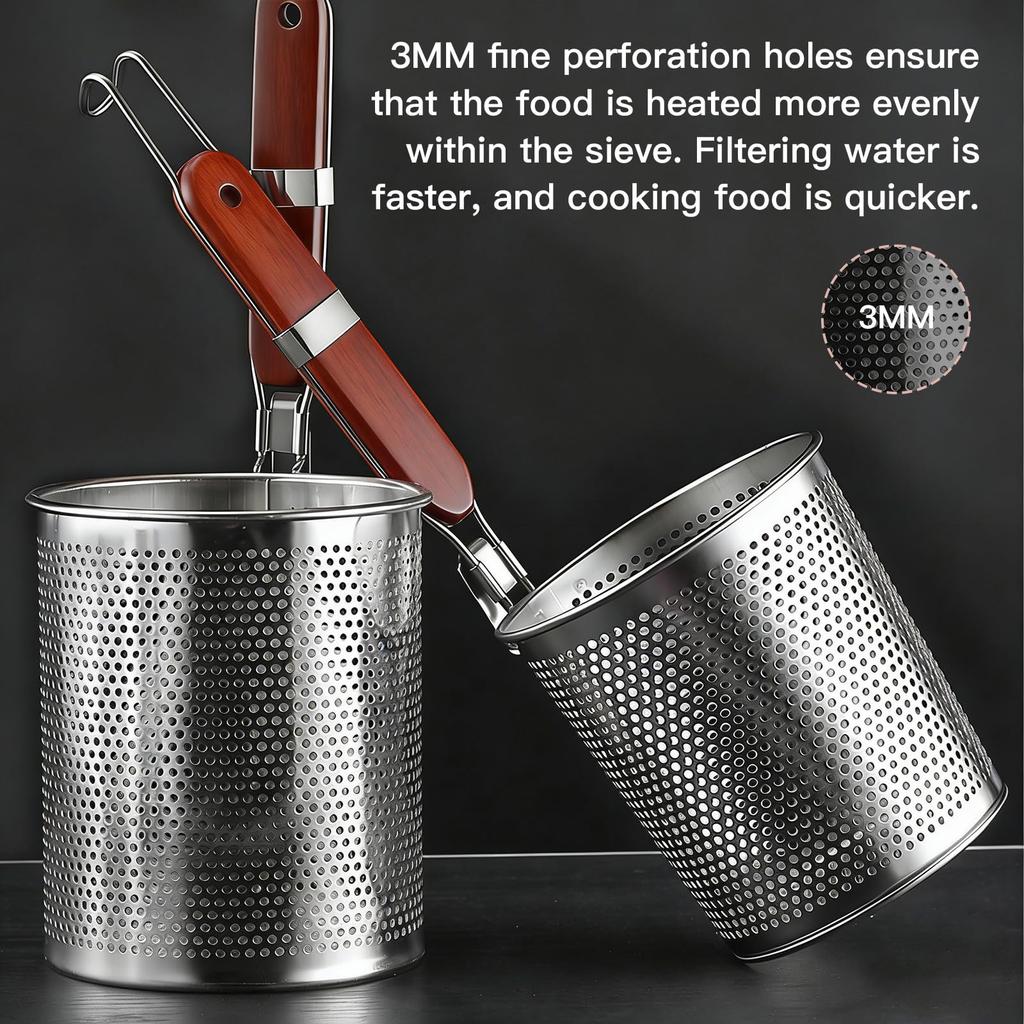 12CM Stainless Steel Pasta Strainer with Wooden Handle Hanging Hook Noodle Strainer Reusable for Vegetable Dumpling Food