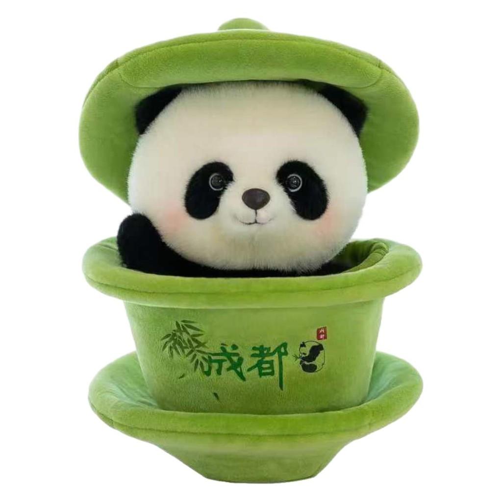 Cuddly Animal Plush Panda Figurine With Innovative Tea Cup Style 19cm Height