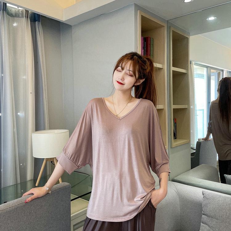 Women's Modal Loose Half-Sleeve Summer Bottoming Shirt: Lightweight, Pajama-Style, Large Size, Short Front, Long Back.