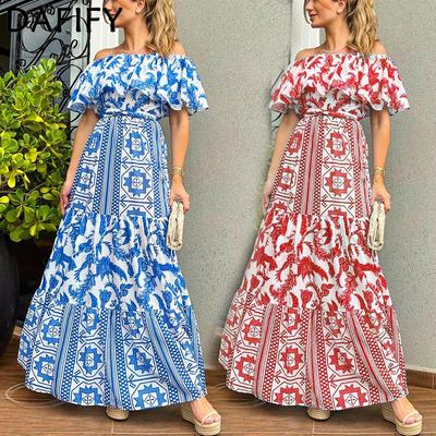 Женская мода лето весна богемный принт с коротким рукавом на одно плечо и высокой талией повседневные платья