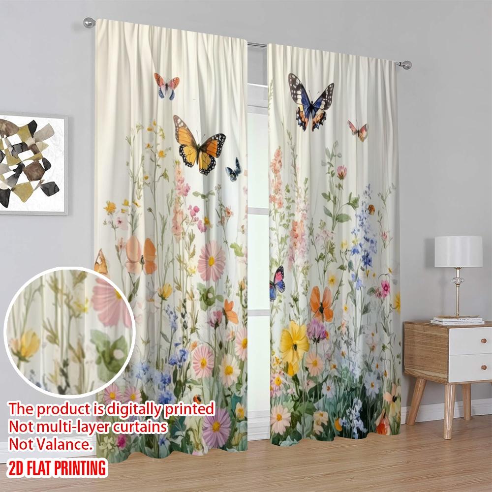 2pcs,2D Plane Printing Contemporary Curtains Butterfly Meadow 100% Polyester (without Rod) Versatile All Use for Bedroom Living