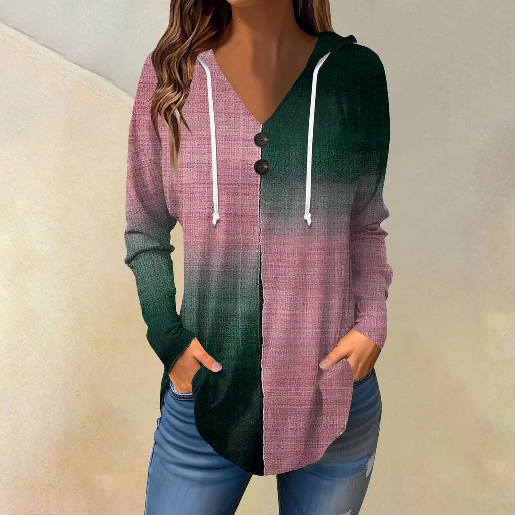 Женские повседневные модные однотонные толстовки с капюшоном на пуговицах и длинными рукавами с V-образным вырезом