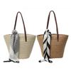 Design Straw Woven Tote Bag for Women Raffia Handbag Summer Beach Bags for Vacation Rattan Shoulder Bag with Silk Scarf Totes