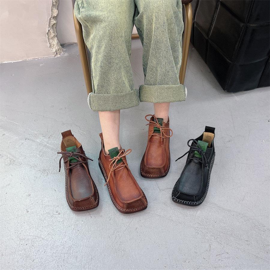 Johnature Короткие сапоги с квадратным носком, универсальные женские туфли на плоской подошве из натуральной кожи на шнуровке в стиле ретро в стиле ретро