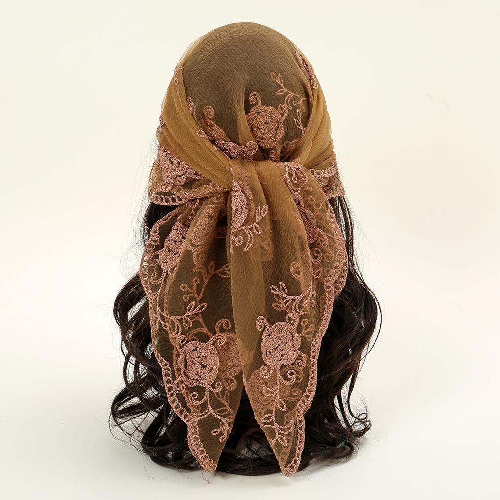 Rhinestone Embroidered Floral Square Lace Scarf For Woman Turban Summer Sun Protection Wraps Ladies Bandana Travel Soft Headband