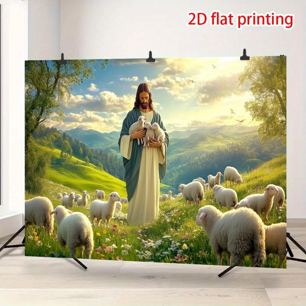 2D плоский, 1 шт. и Религиозный гобелен с ягненком - Настенное панно с пасторальным пейзажем, Сцена с овцами и горами - 2D плоская печать на прочном