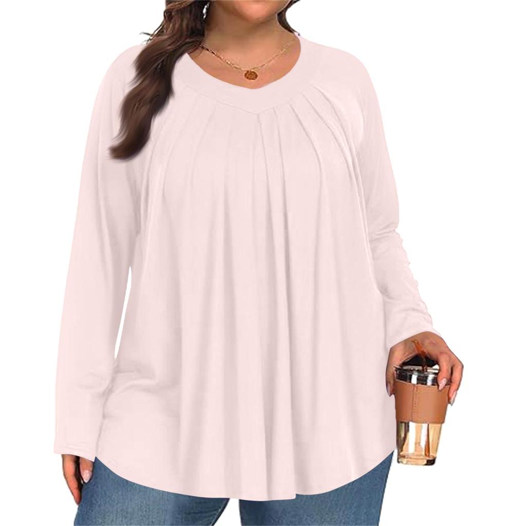 Женский модный топ большого размера, однотонный, повседневный, плиссированный, с круглым вырезом и длинными рукавами