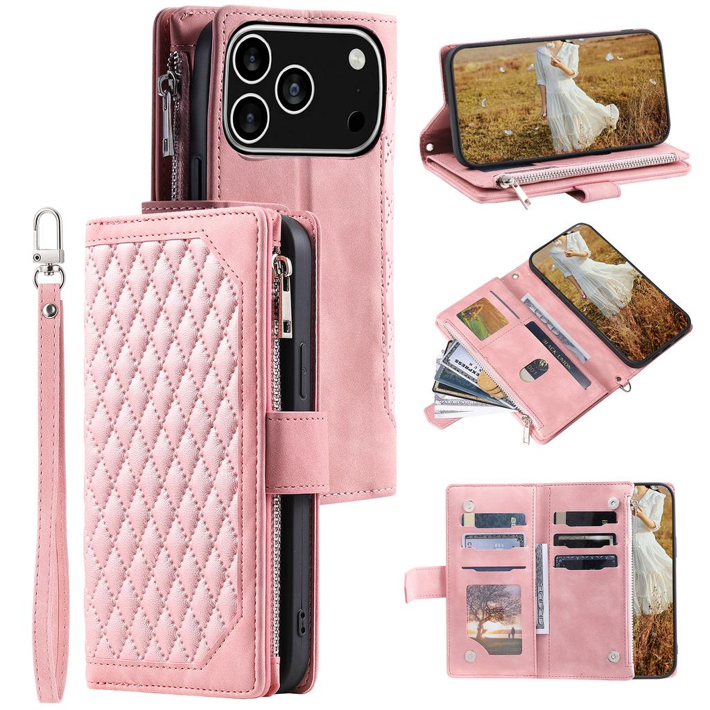 For iPhone 17 Pro Wallet Case Rhombus Stitching Line PU Leather Phone Cover with Wrist Strap