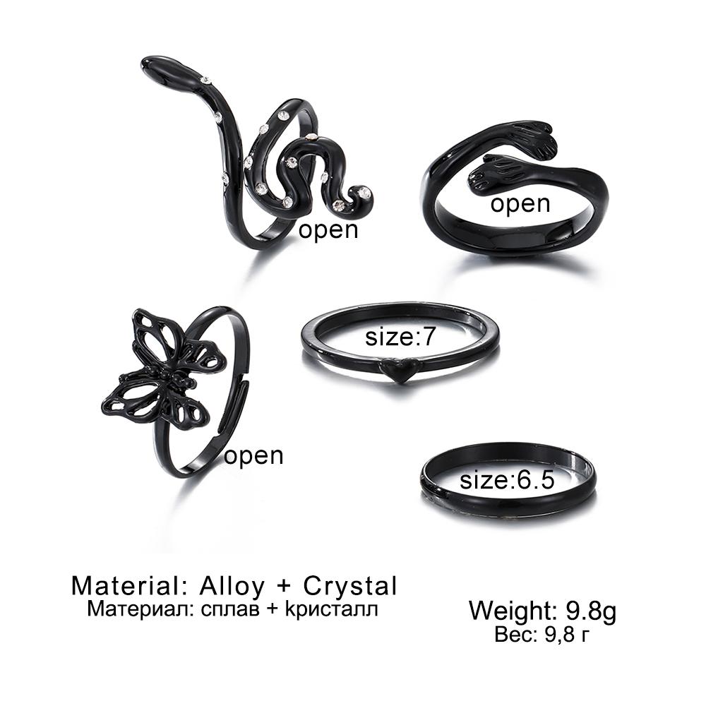 Черный темпераментный гламурный комплект колец, обнимающее открытое кольцо, кольцо с бриллиантами в виде бабочки, змеи, комплект из 5 предметов для девочек, элегантные ювелирные изделия