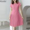 Женское повседневное летнее платье с коротким рукавом и круглым вырезом, плиссированное
