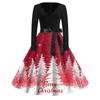 Christmas Print Flare Dress For Women Long Sleeve Dress Hollow Party Casual Dresses